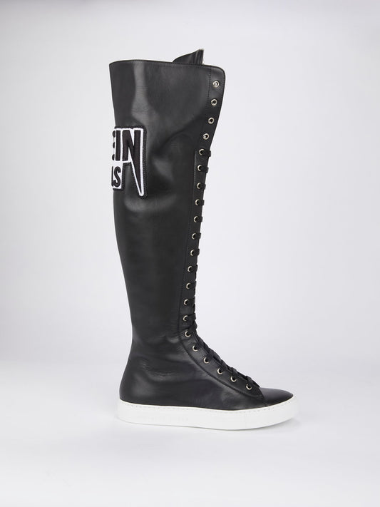 Black Knee High Embroidered Leather Sneakers