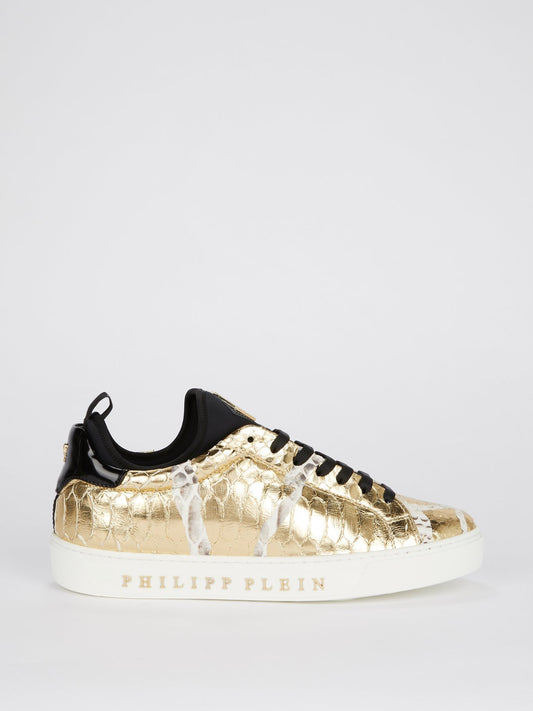 Gold Crocodile Effect Sneakers
