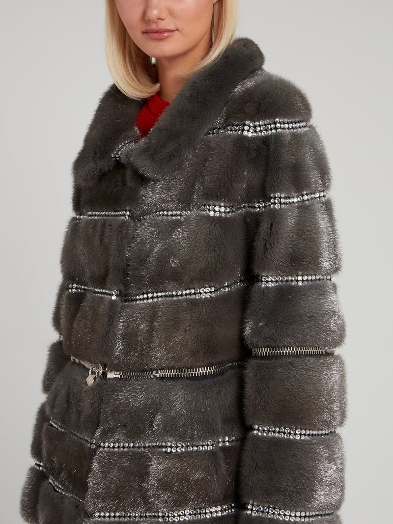 Ash Crystal Embellished Fur Coat