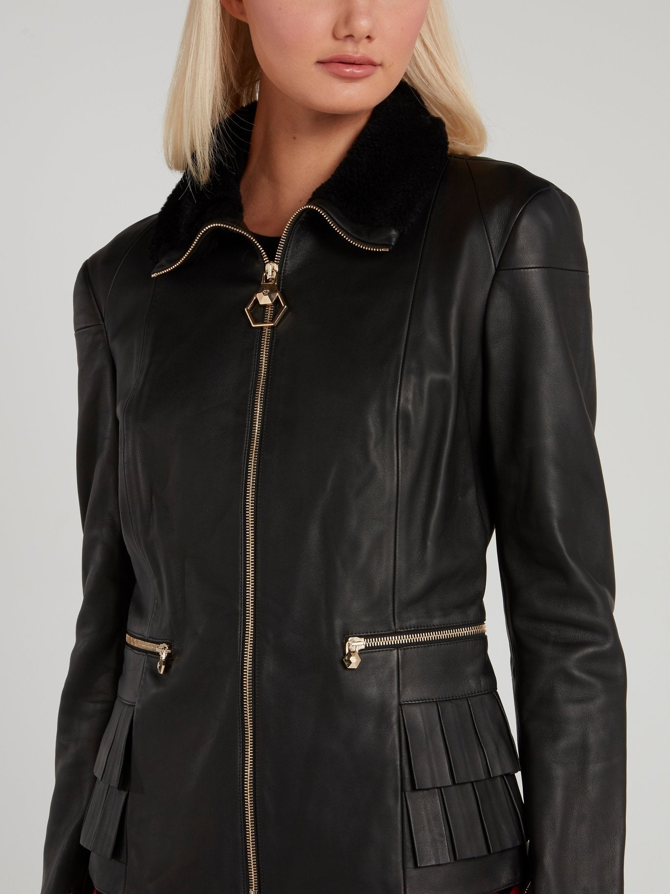 Black Pleated Pocket Leather Jacket