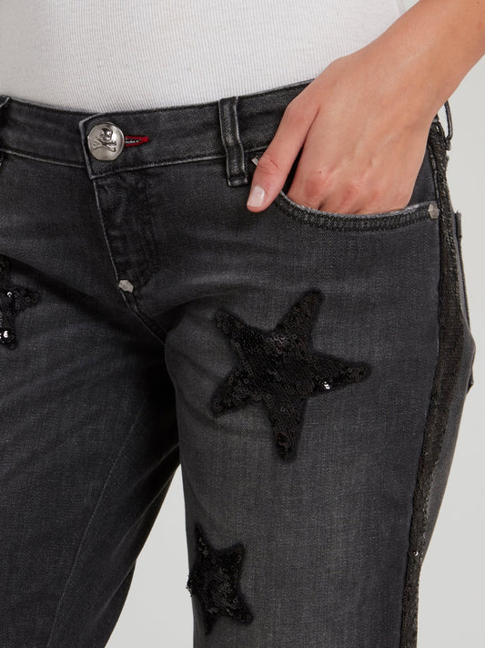 Серые облегающие джинсы со звездами из пайеток