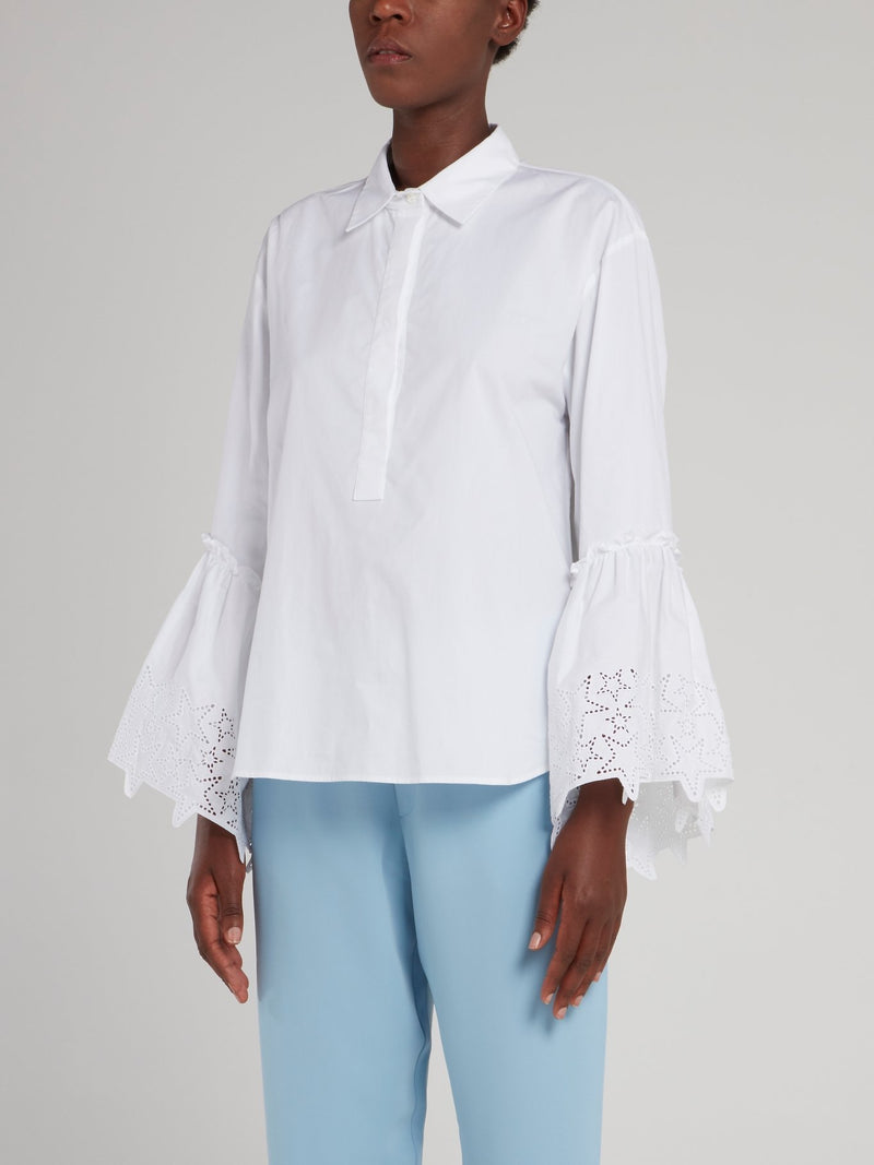 White Perforated Star Bell Sleeve Shirt
