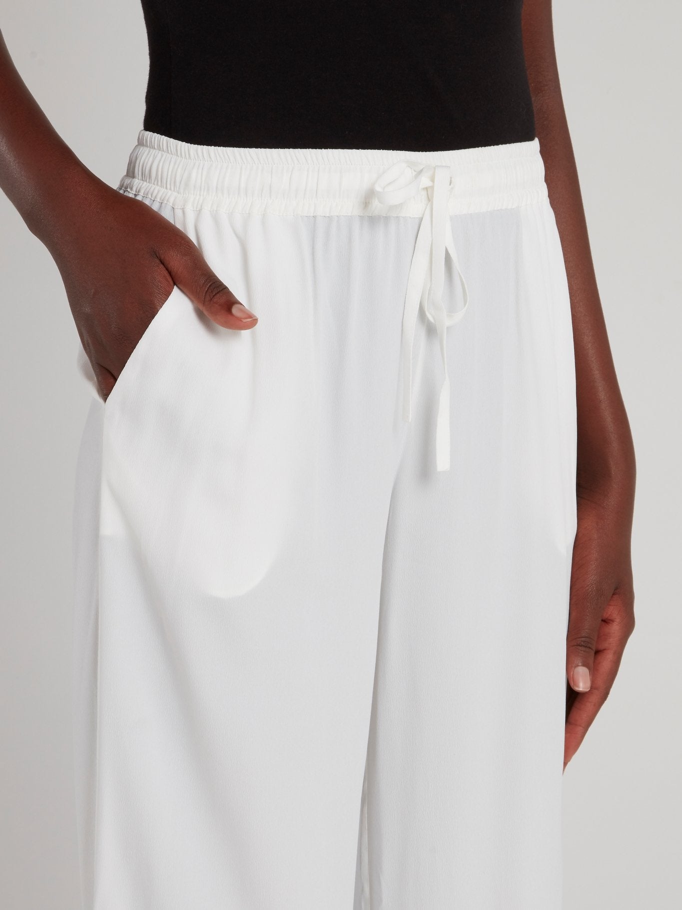 White Lace Panel Drawstring Wide Leg Pants