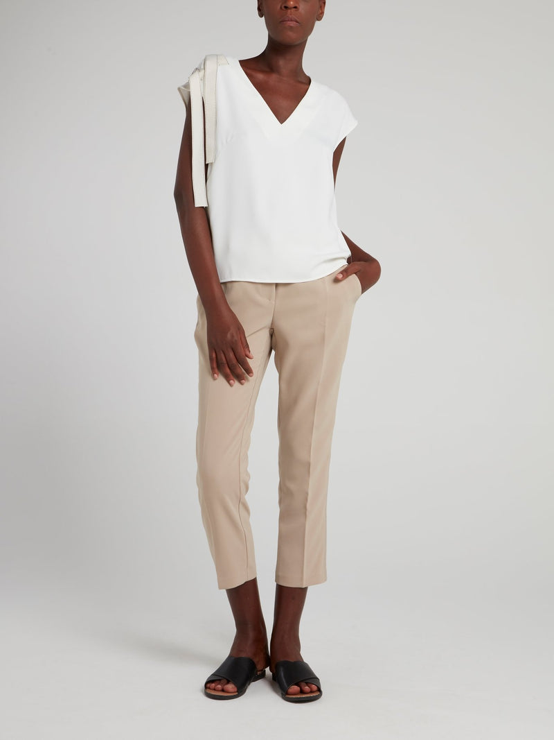 Beige Cropped Tapered Pants