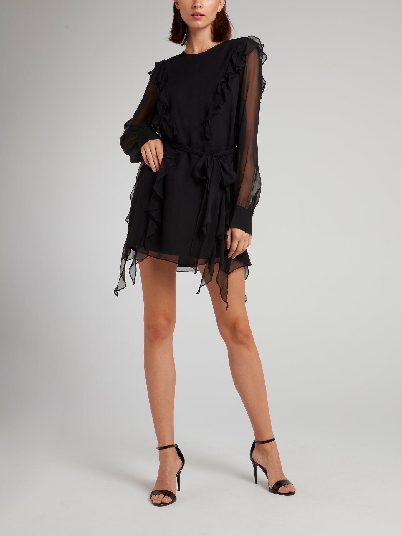 ruffle mini dress black Thomas Wylde Black Mesh Panel Ruffle Mini Dress L / Black