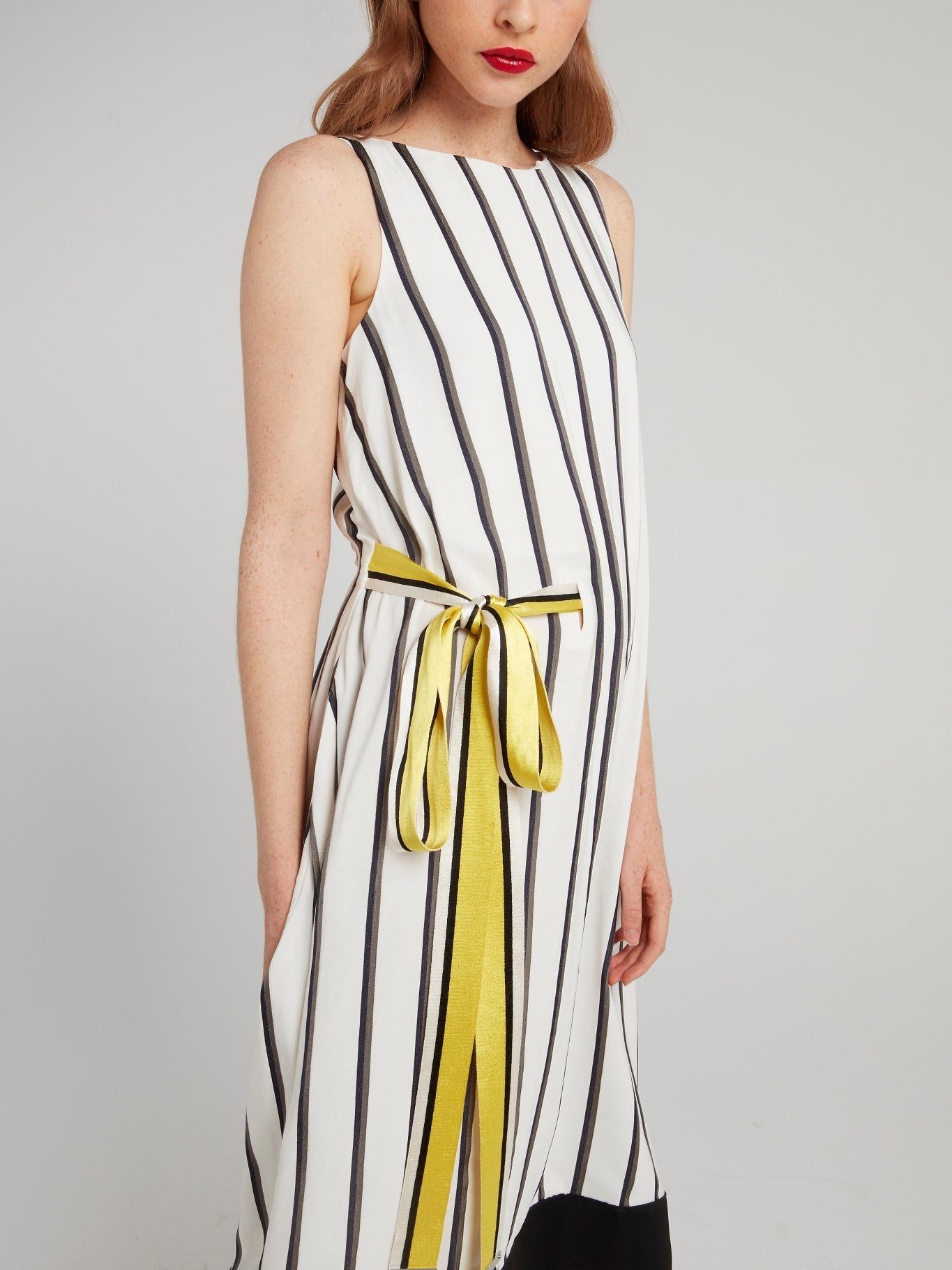 ribbon stripe midi dress Striped Contrast Side Ribbon Midi Dress Tie Waist Statement Dress Red/Cream / Large