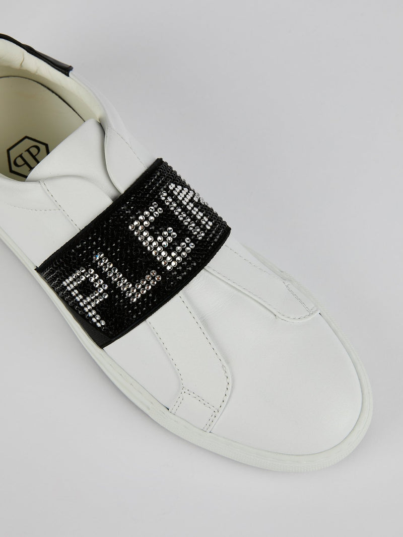 Naty White Studded Logo Front Strap Sneakers