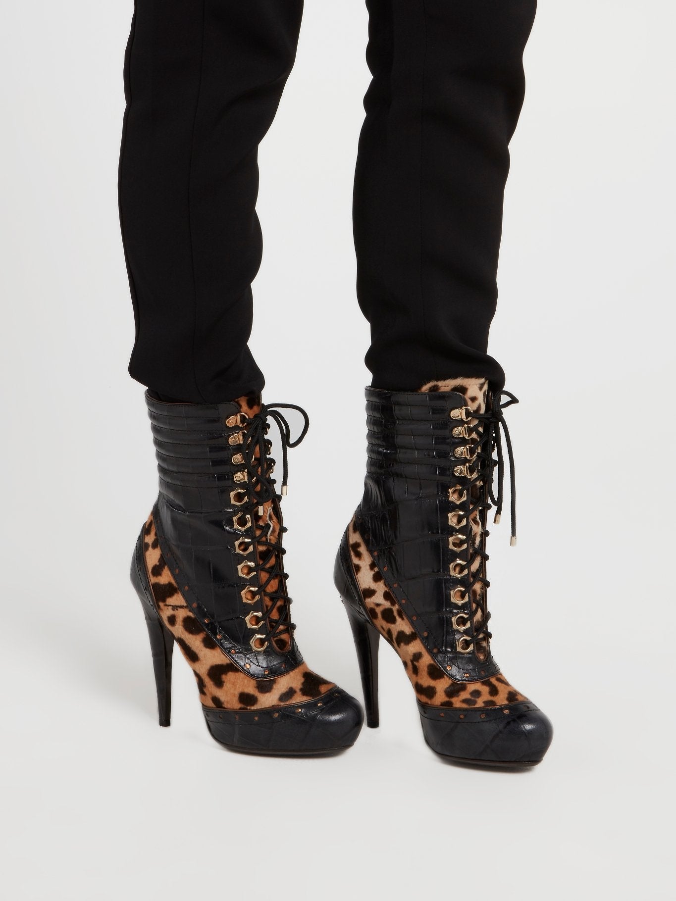Leopard Print Lace Up Leather Boots
