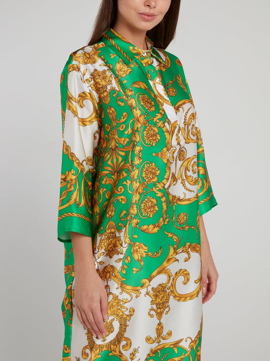 Green Baroque Print Silk Midi Dress