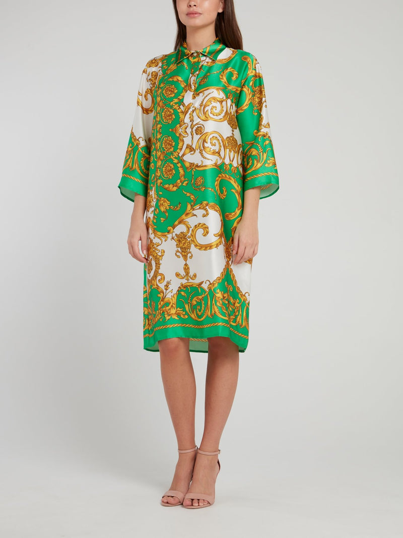 Зеленое шелковое платье-миди с барочным принтом