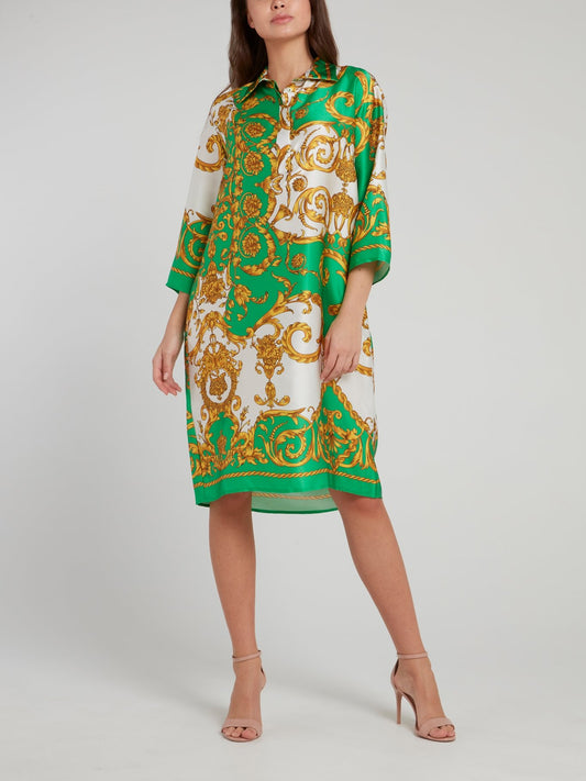 Green Baroque Print Silk Midi Dress