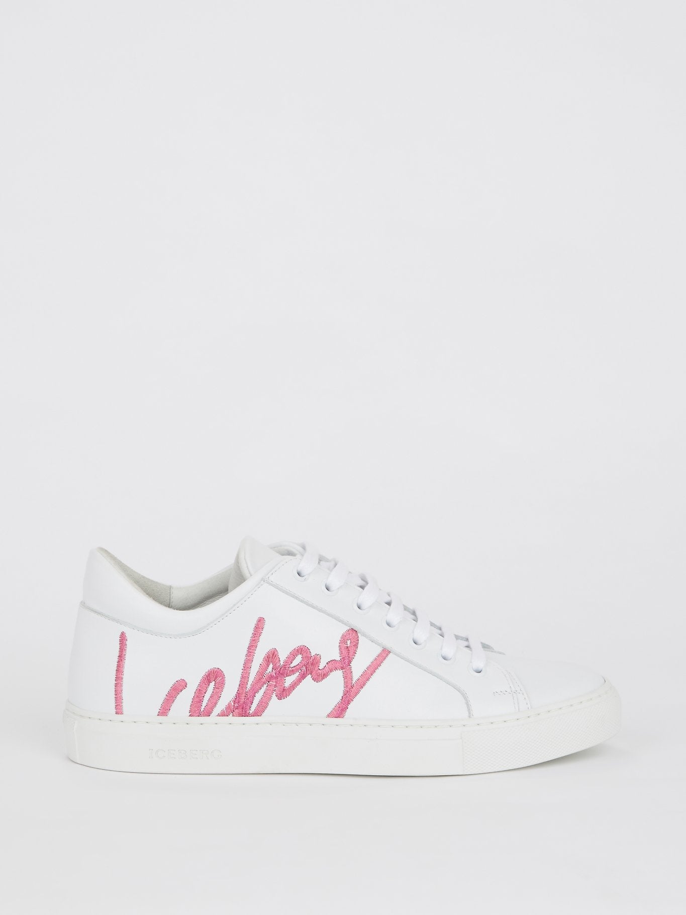 White Logo Embroidered Lace Up Sneakers