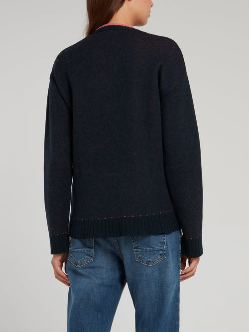 Navy V-Neck Knitted Sweater