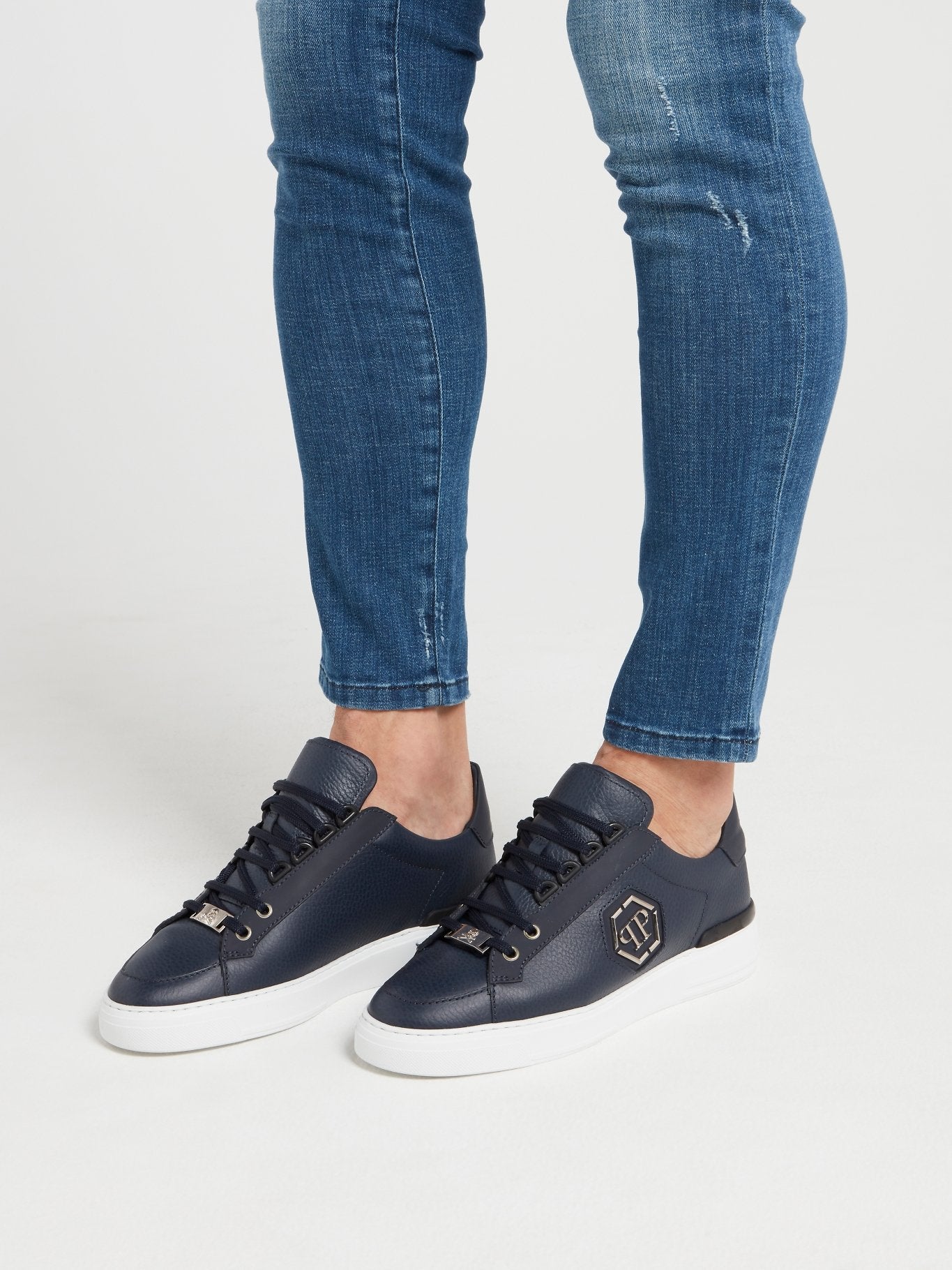Navy Low Top Leather Sneakers