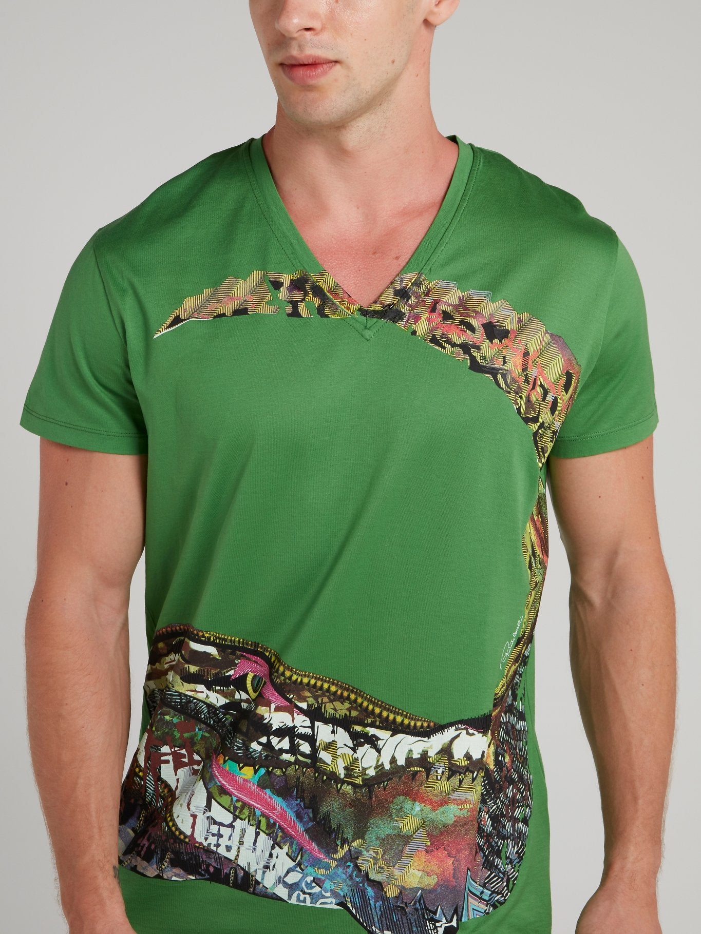 Зеленая футболка с V-образным вырезом и изображением крокодила
