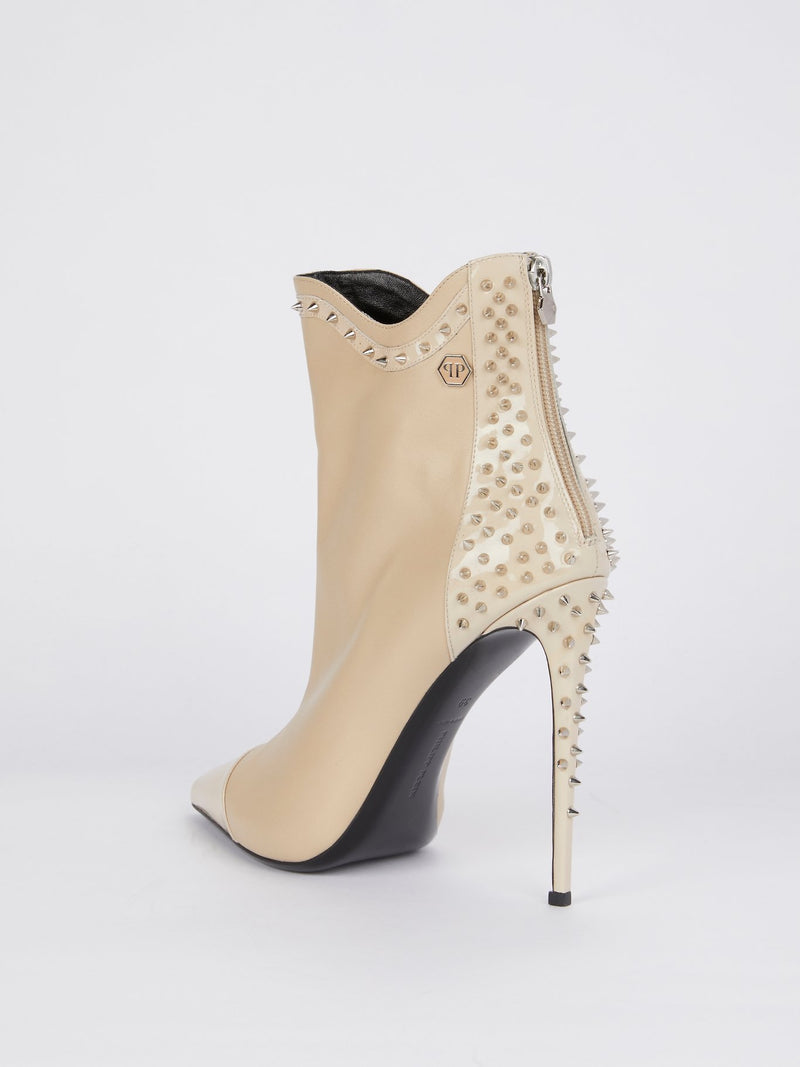 Beige Spike Studded Ankle Boots