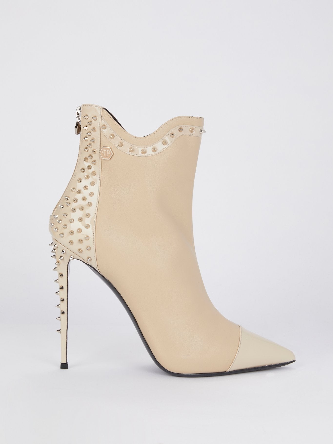 Beige Spike Studded Ankle Boots