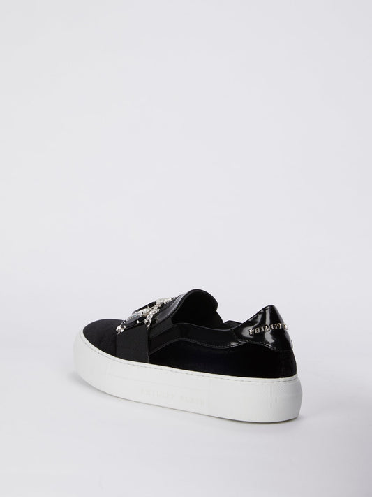 Black Crystal Embellished Slip On Sneakers