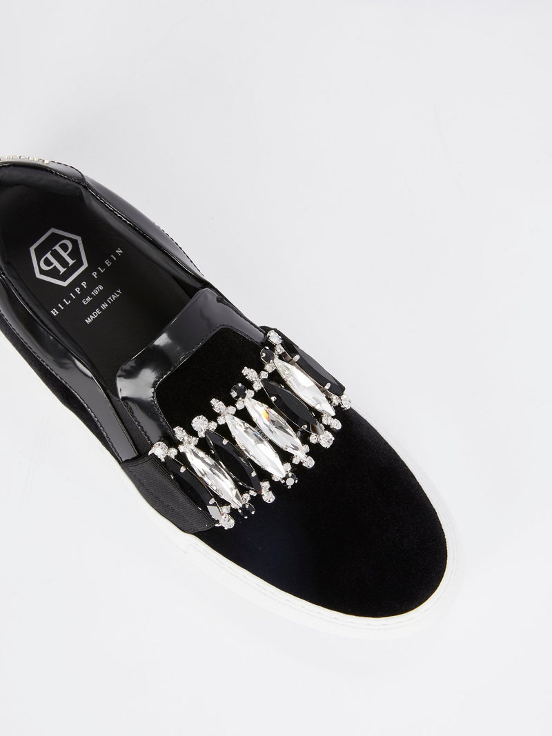 Black Crystal Embellished Slip On Sneakers