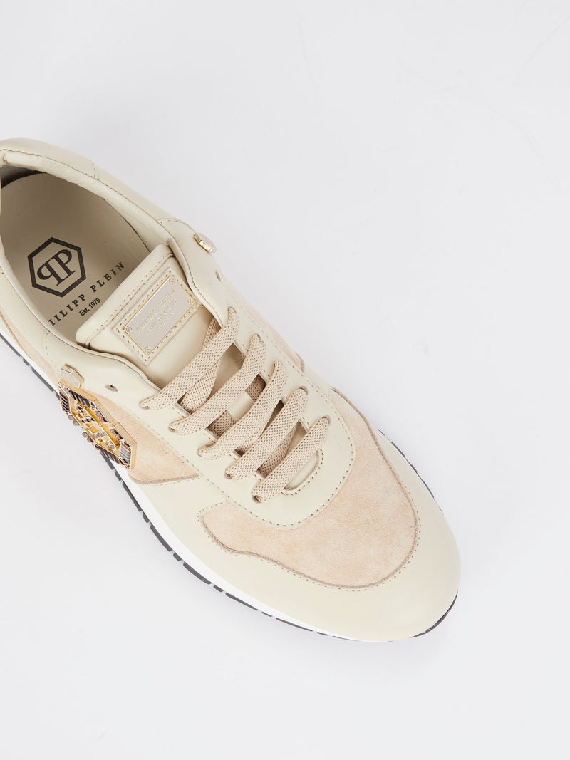 Beige Suede Panel Lace Up Sneakers