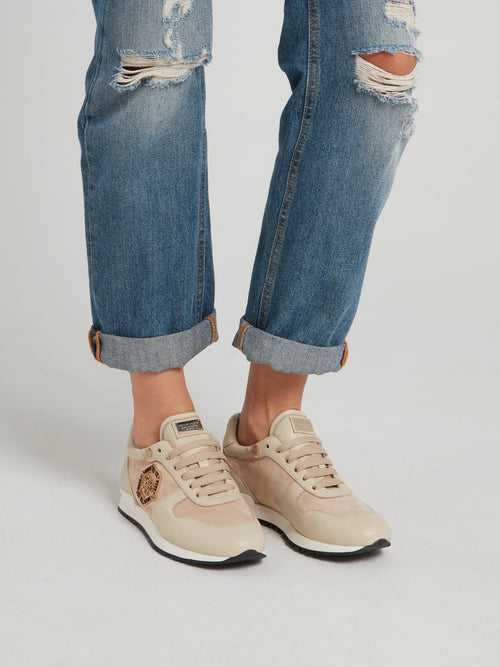 Beige Suede Panel Lace Up Sneakers