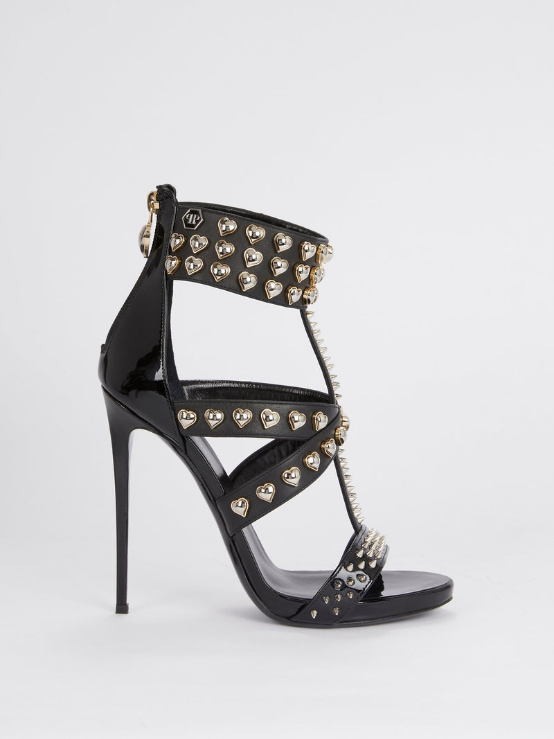 Black Heart Studded Cage Pumps