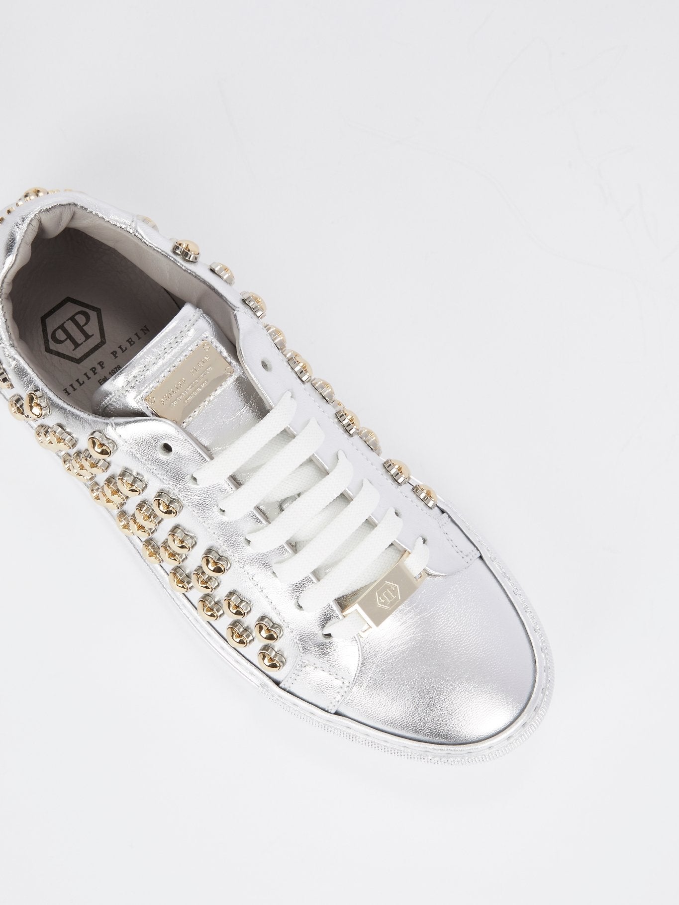 Metallic Heart Studded Lace Up Sneakers