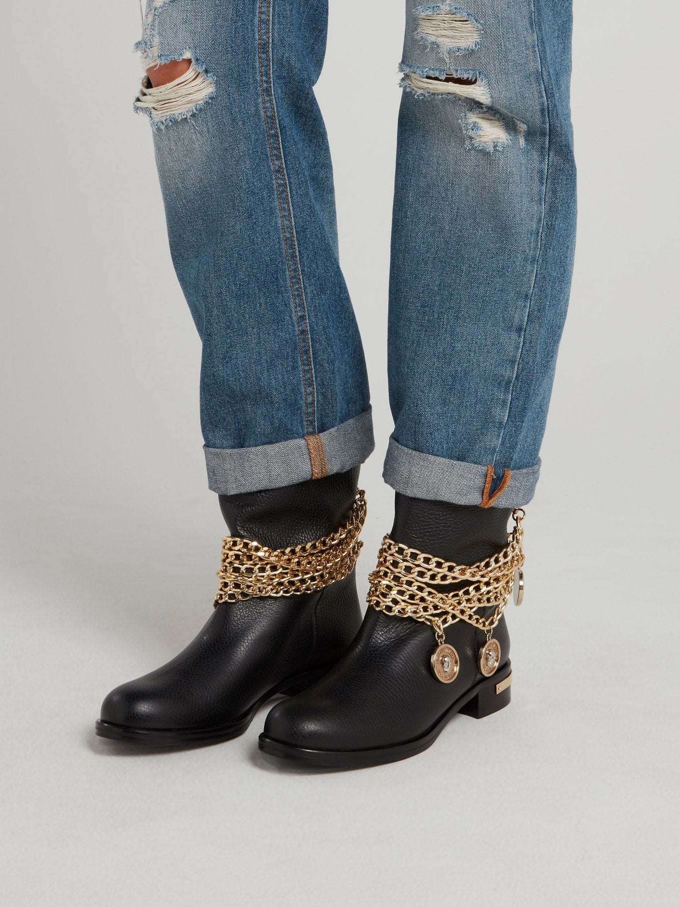Black With Gold Chain Leather Boots