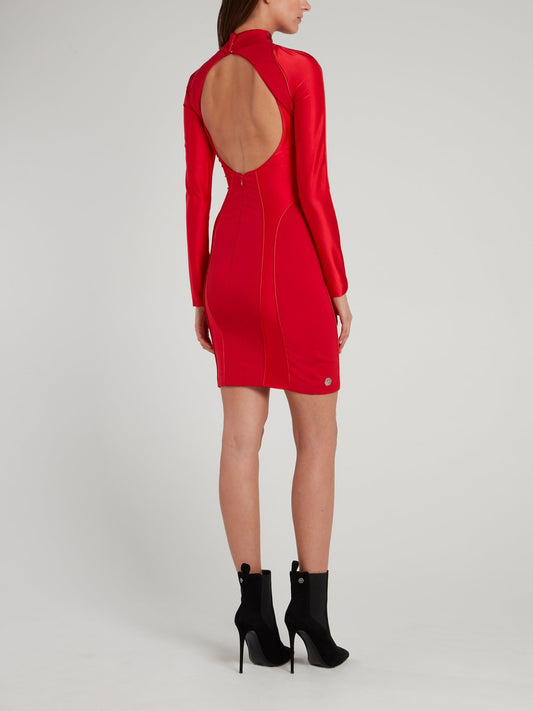 Красное платье-мини с высоким воротником и логотипом