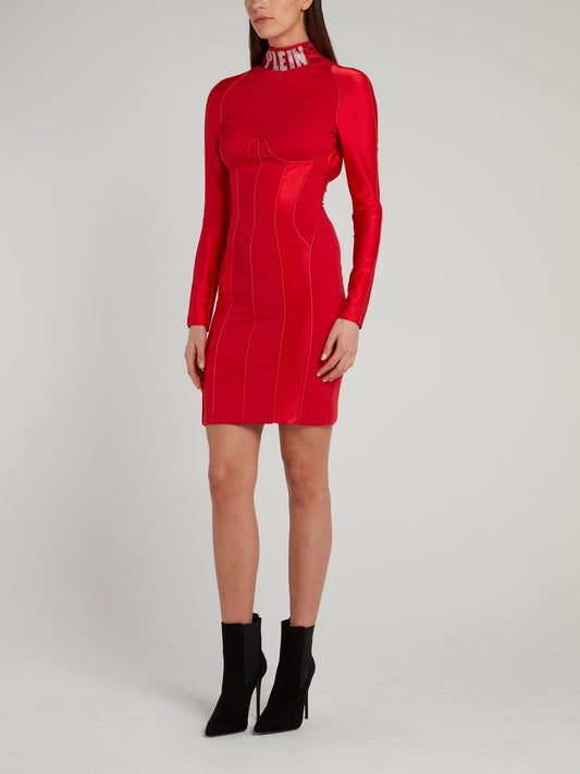 Красное платье-мини с высоким воротником и логотипом