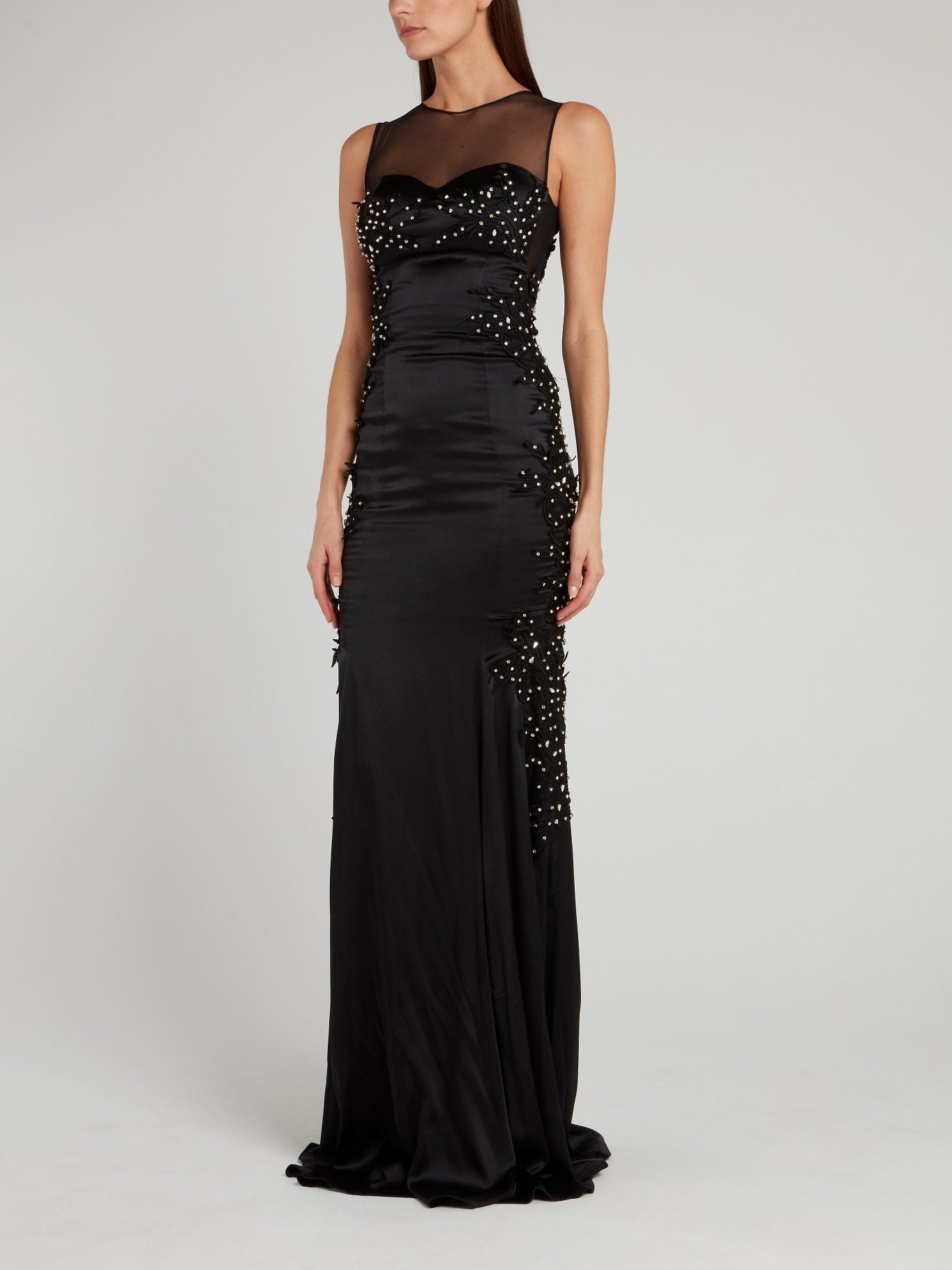 Black Illusion Neckline Embellished Evening Dress