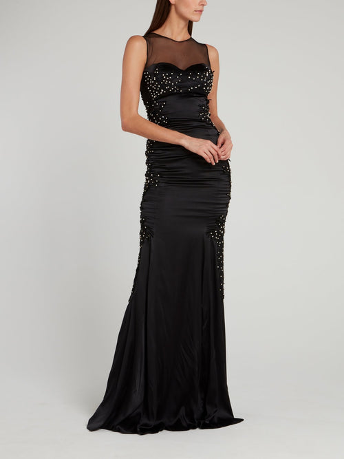 Black Illusion Neckline Embellished Evening Dress