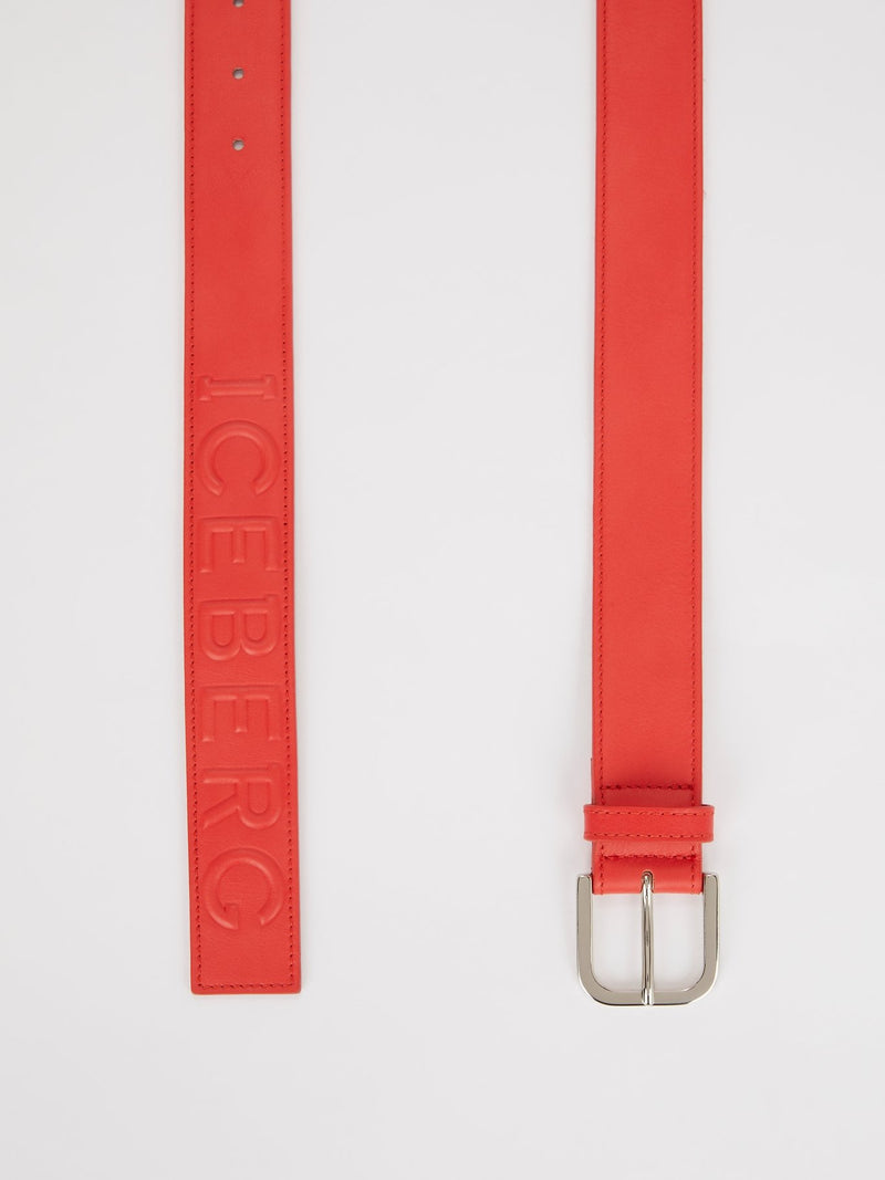 Coral Orange Embossed Logo Leather Belt