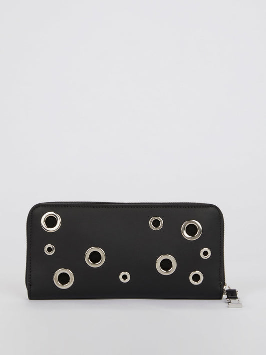 Черный двухцветный кожаный кошелек с декором