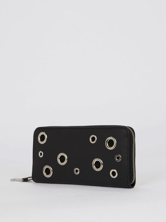 Черный двухцветный кожаный кошелек с декором