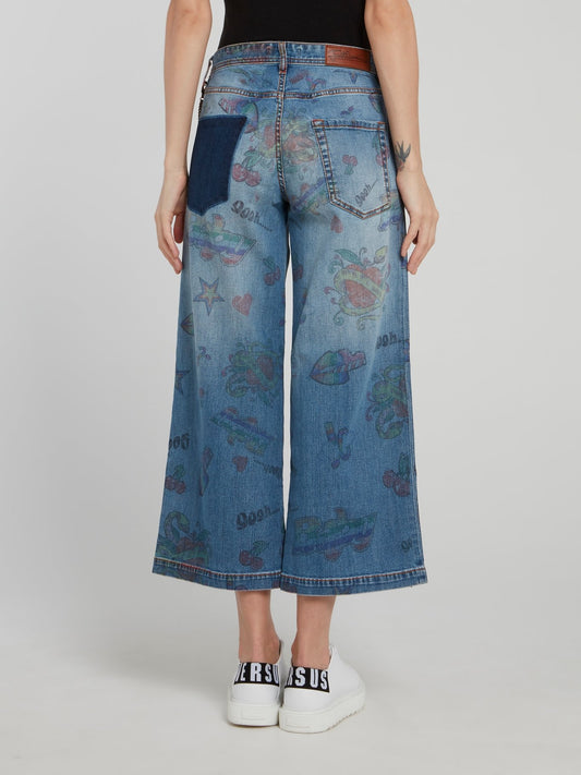 Cropped Printed Wide Leg Jeans