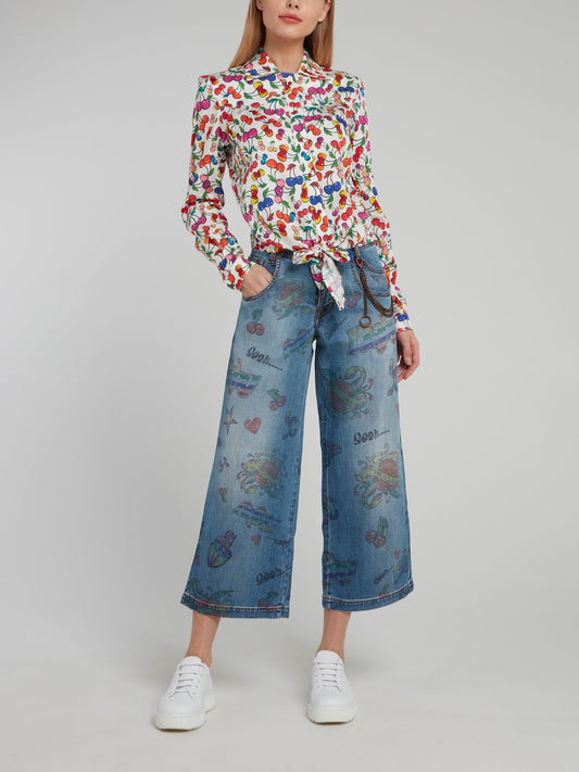 Cropped Printed Wide Leg Jeans