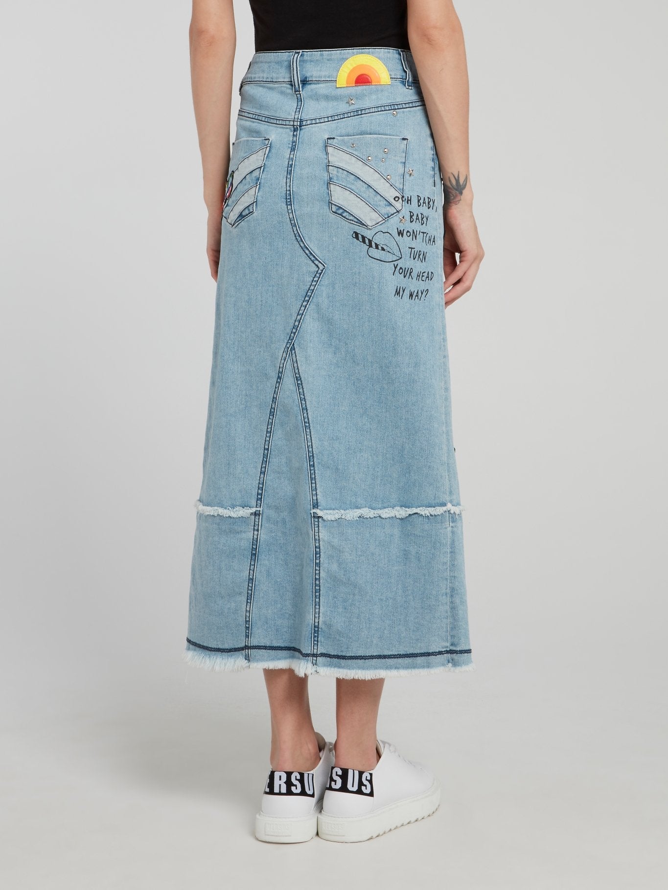 Studded High Slit Frayed Denim Midi Skirt