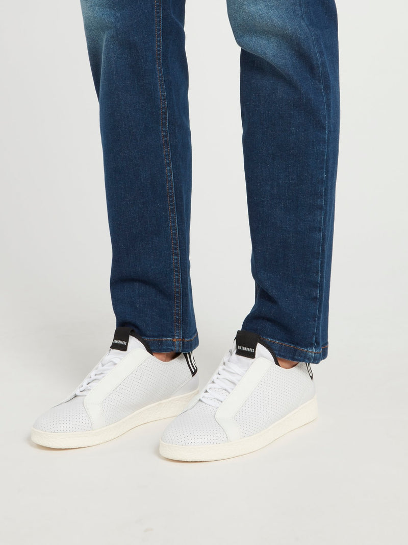 White Perforated Lace Up Sneakers