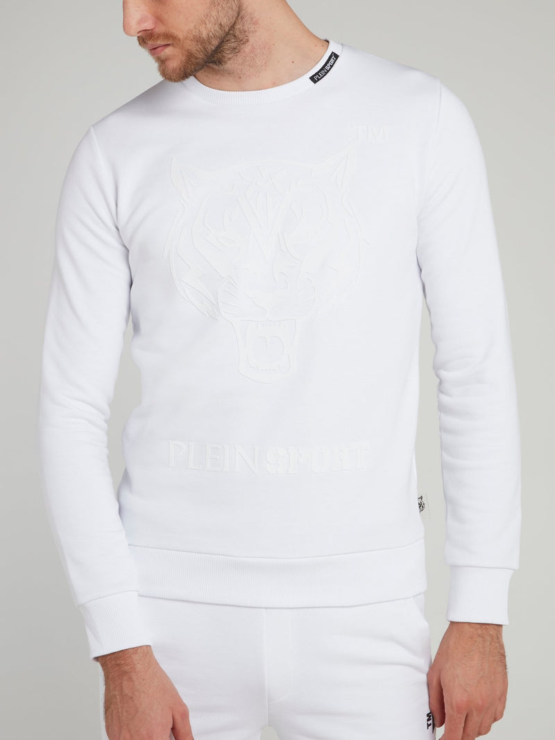 White Embossed Tiger Print Logo Sweatshirt