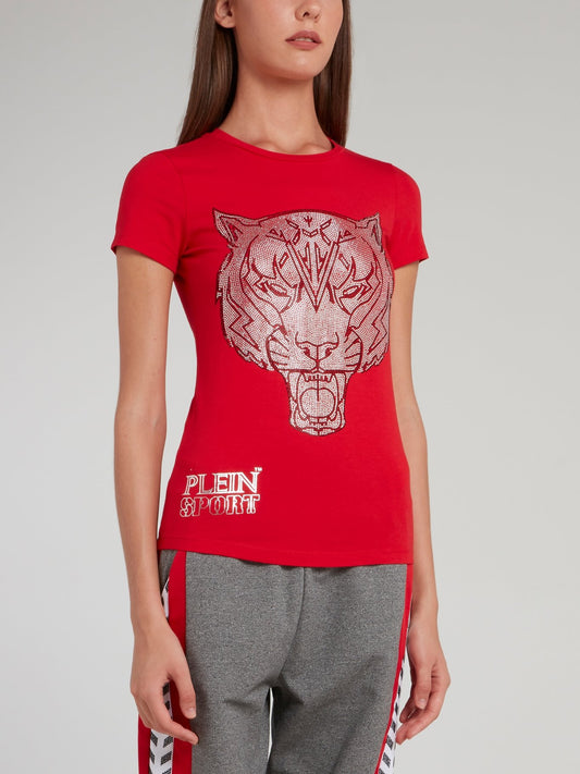 Красная футболка с круглым вырезом, изображением тигра и стразами