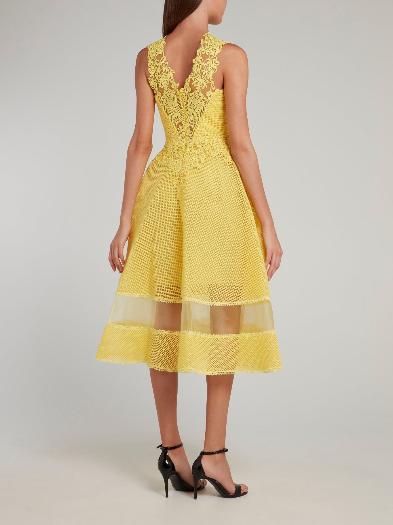 Yellow Lace Neckline Midi Dress