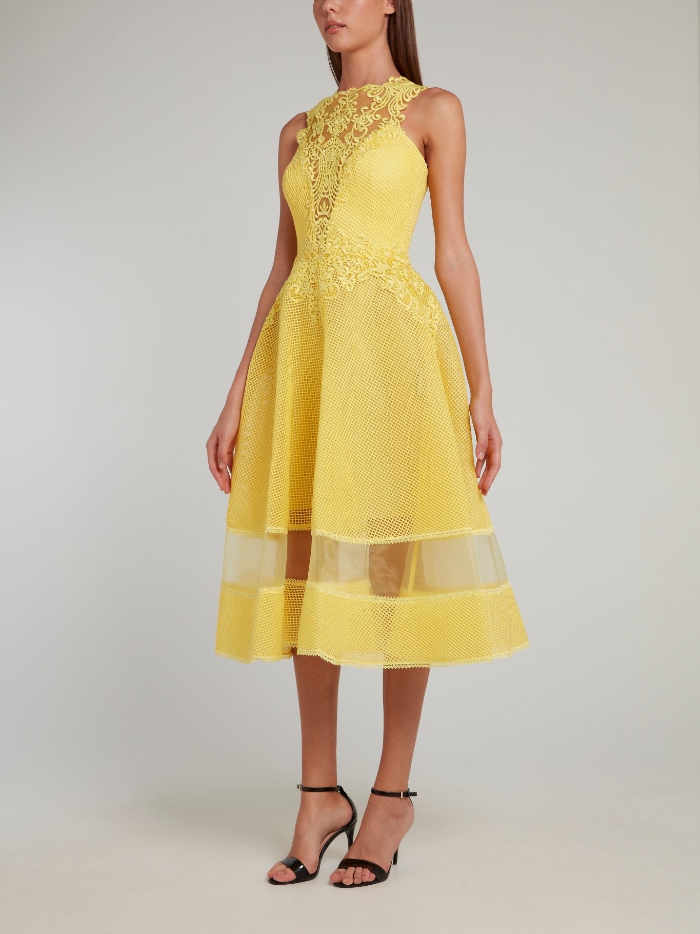 Yellow Lace Neckline Midi Dress 42 / Yellow