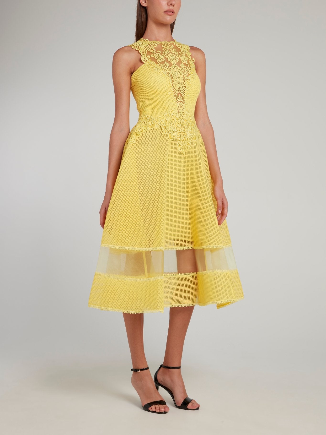 Yellow Lace Neckline Midi Dress