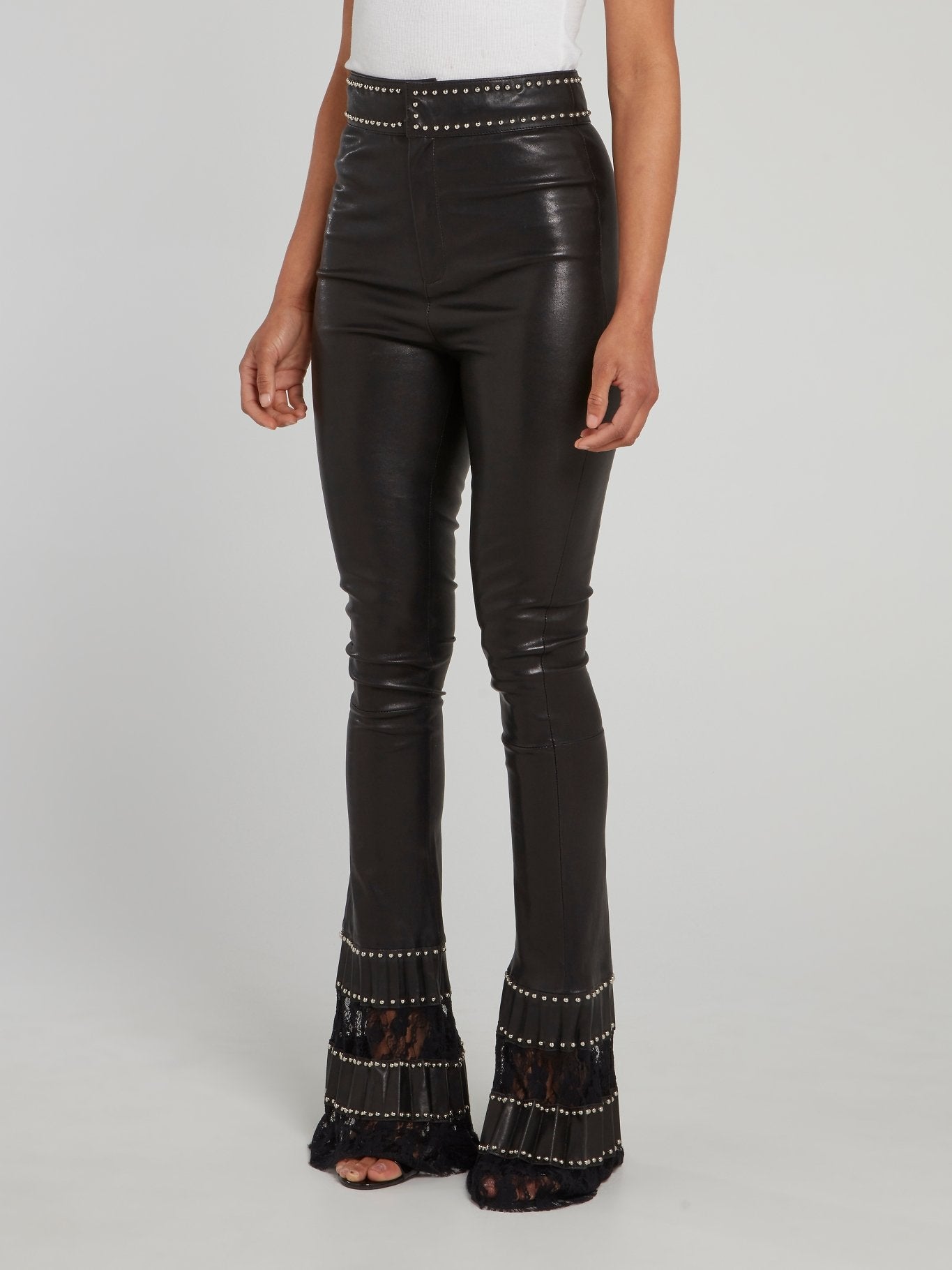 Black Embellished Lace Panel Flared Leather Trousers
