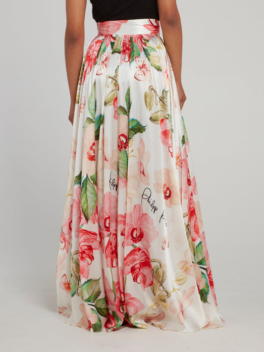 Floral Flared Silk Maxi Skirt