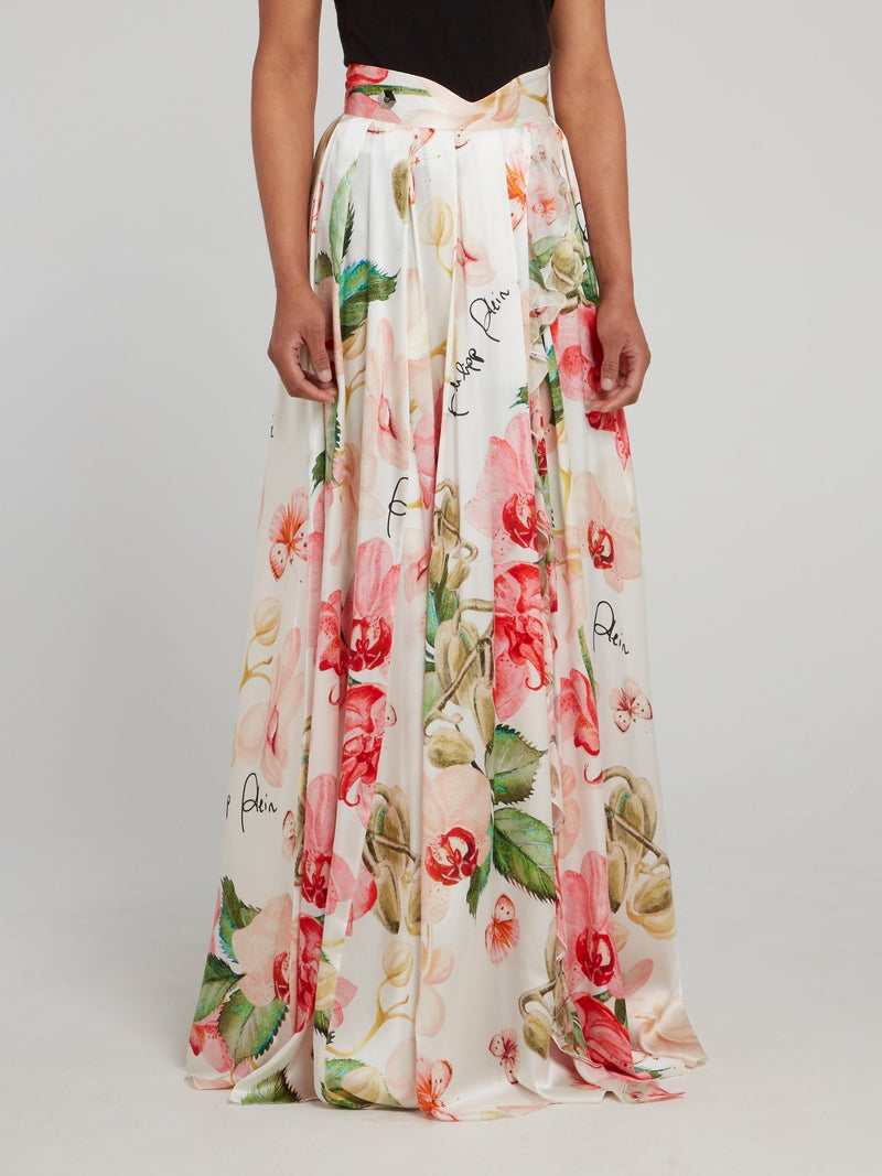 Floral Flared Silk Maxi Skirt