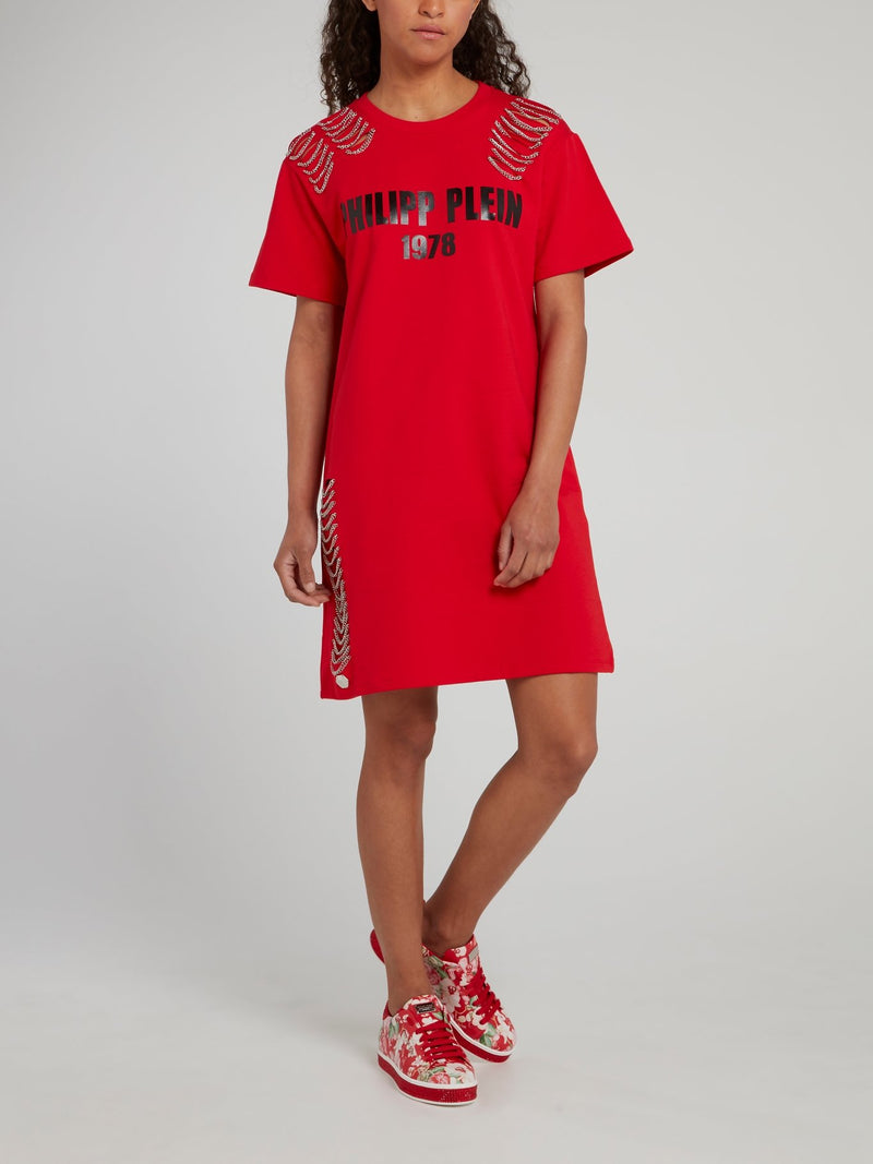 Red Chain Embellished T-Shirt Dress