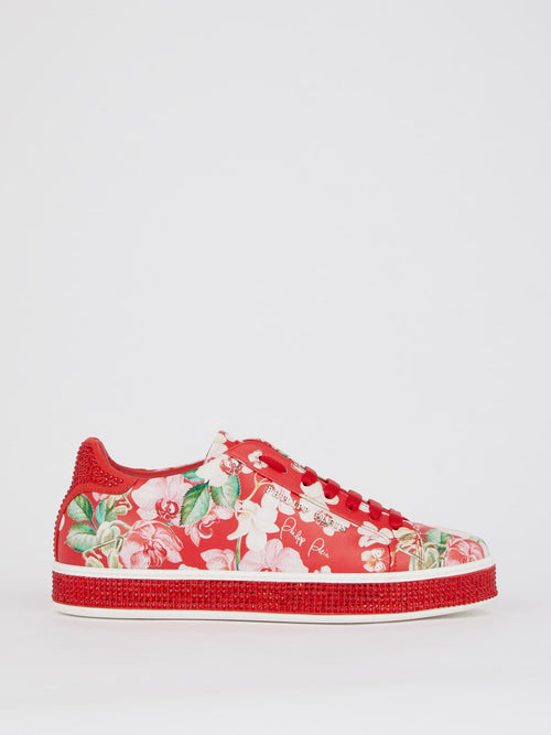 Red Floral Studded Sneakers