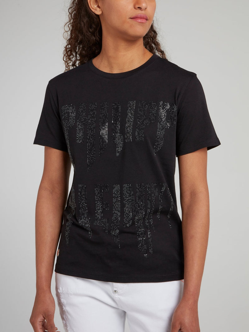 Black Studded Logo Cotton T-Shirt